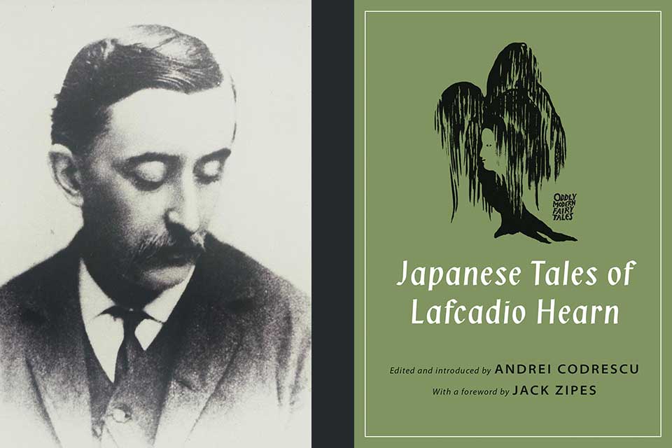 A photo of Lafcadio Hearn juxtaposed with the cover to his book The Japanese Tales of Lafcadio Hearn