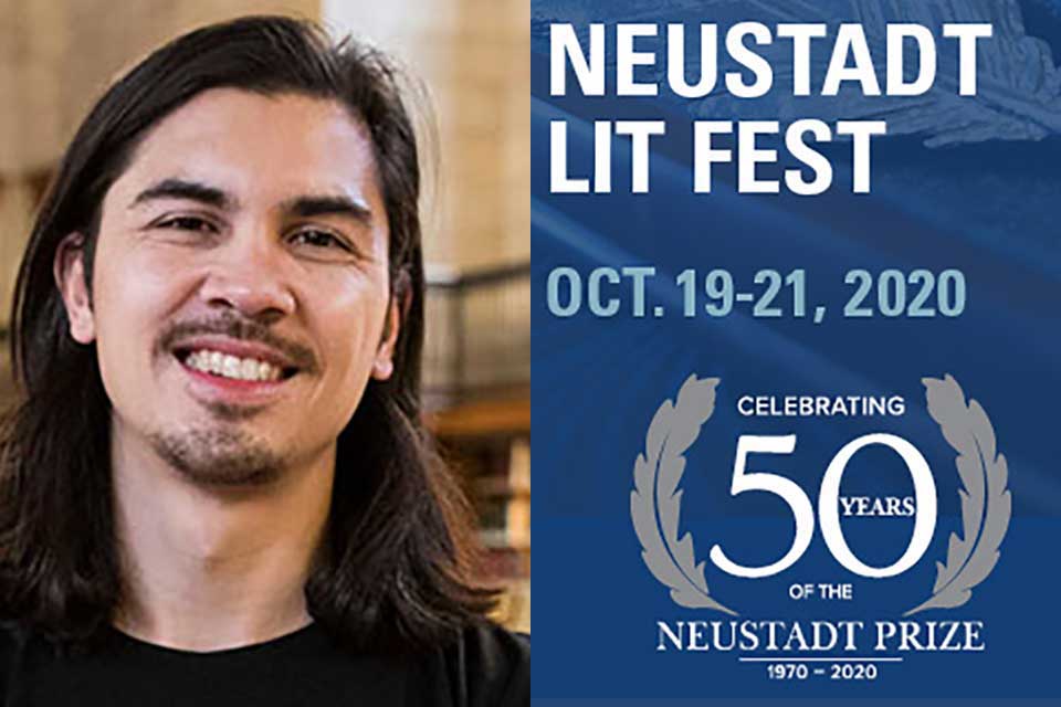 A photograph of NSK Juror Randy Ribay juxtaposed against the logo for the 2020 Neustadt Lit Fest