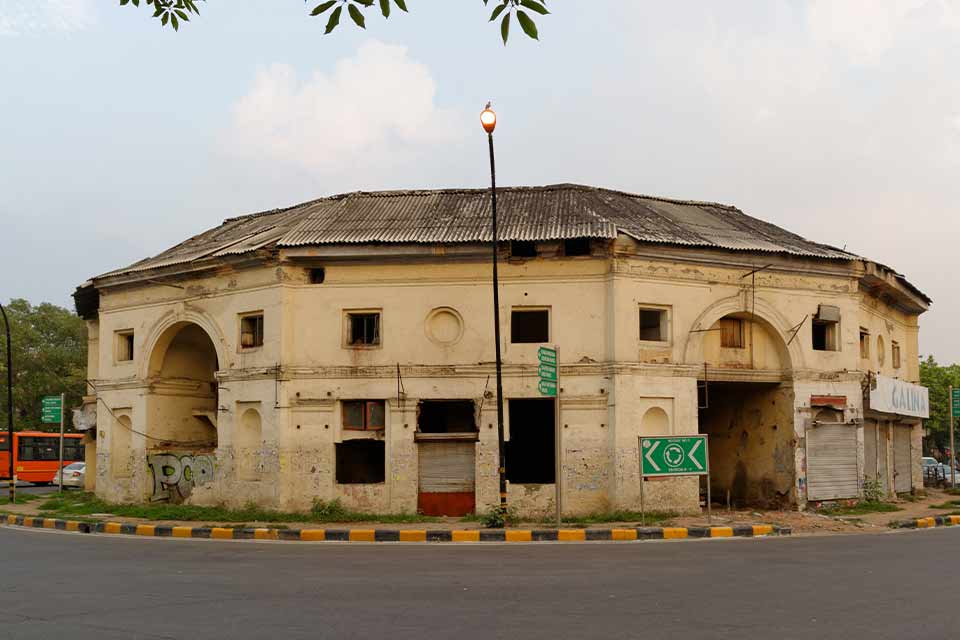 A photograph of a hexagonal building