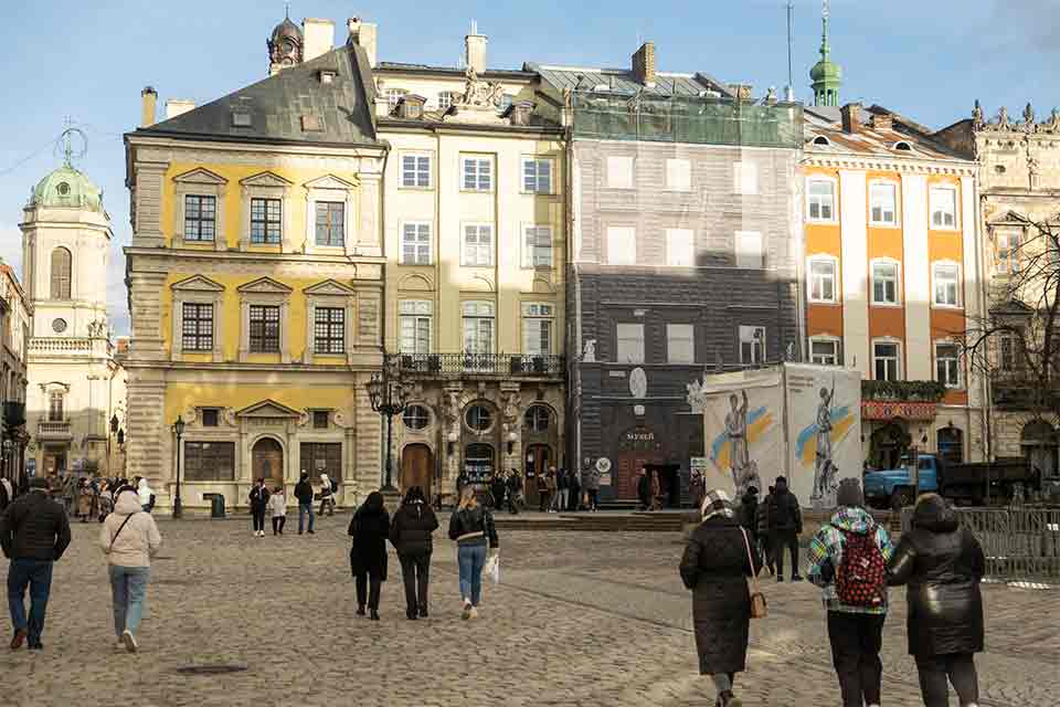 A photograph of the town's center in Lviv