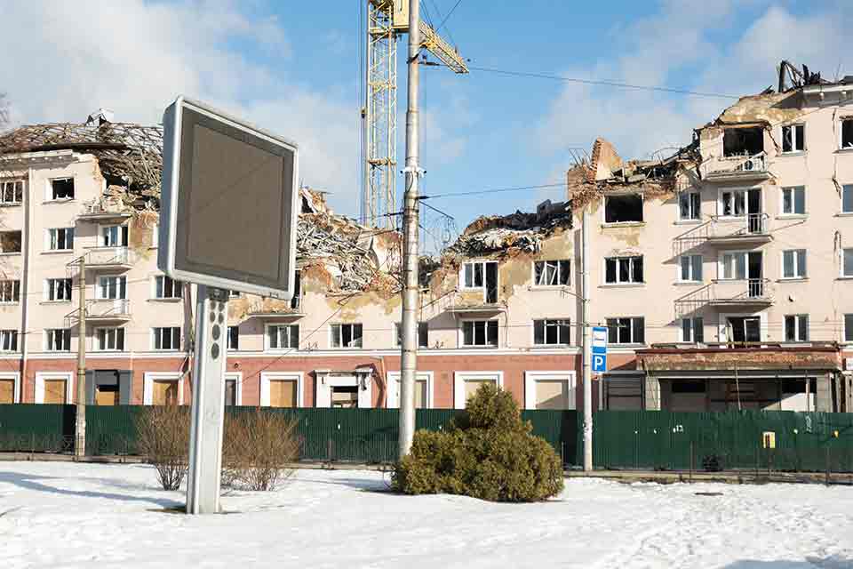 A photograph of a partially destroyed city building