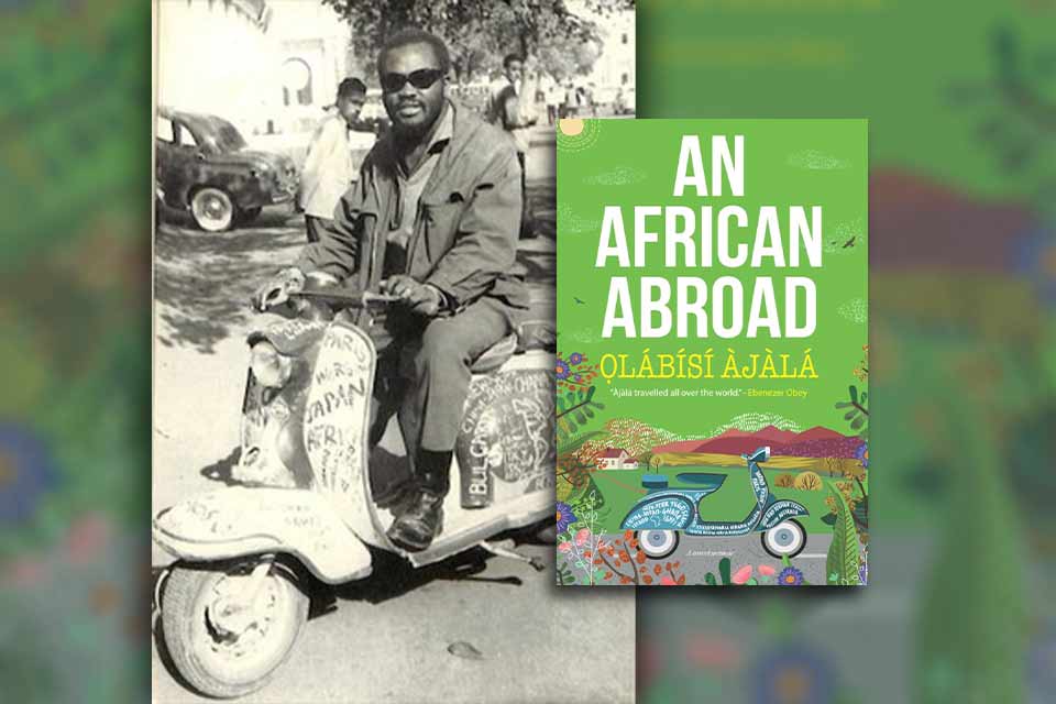 A photograph of Ọlábísí Àjàlá with the cover to his book An African Abroad