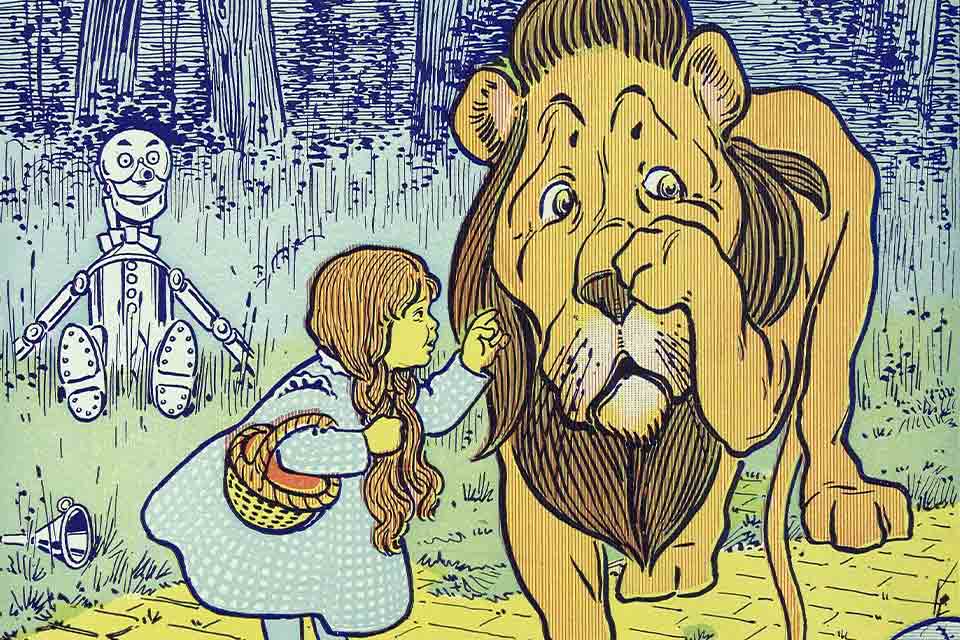 An illustration of Dorothy and the Cowardly Lion from the Wizard of Oz