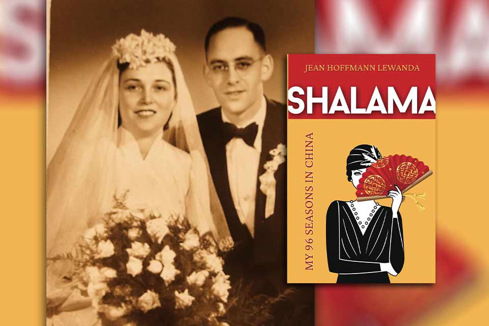 An old photograph of a man and woman in marital attire and the cover to Jean Hoffmann Lewanda's book Shalama