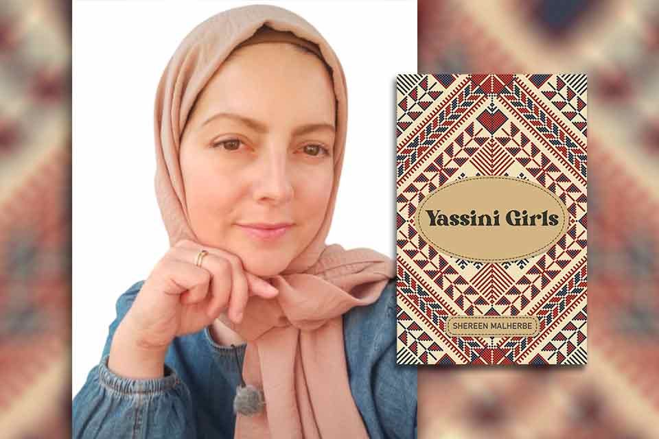 A photograph of Shereen Malherbe with the cover to her book Yassini Girls