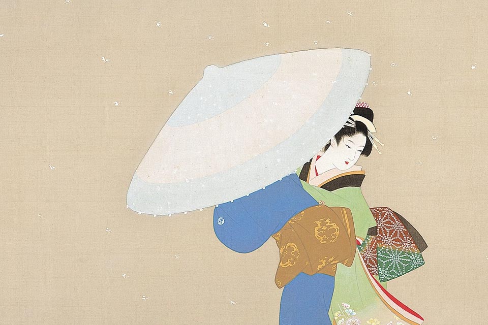 An Edo era illustration of a woman holding an umbrella