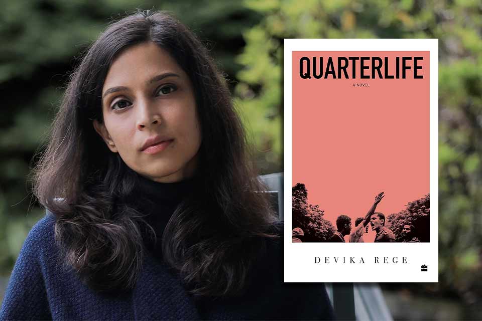 A photograph of Devika Rege with the cover to her book Quarterlife