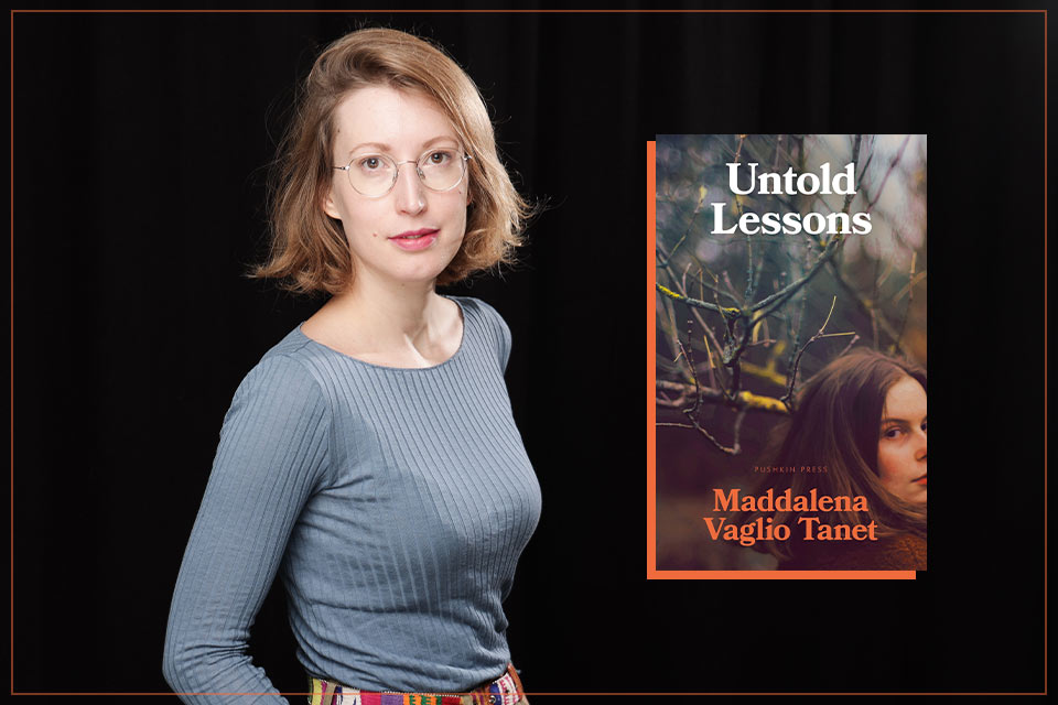 A photograph of Maddalena Vaglio Tanet with the cover to her book Untold Secrets