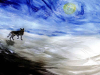 A painting of a dog standing on a cloud