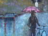 A oil painting of someone standing next to a bike in the rain