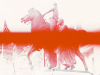 An image of a figure astride a horse. There is a saturated red field running horizontally down the center