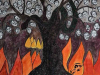 An illustration of a tree with flames around its root. The faces of people populate the branches like fruit