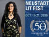 A photograph of Tanaya Winder juxtaposed with the Neustadt Lit Fest 50th Anniversary Logo