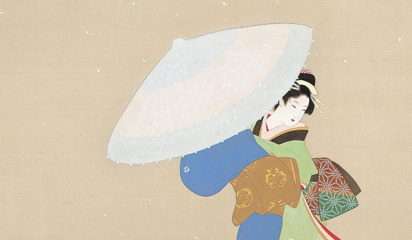 An Edo era illustration of a woman holding an umbrella