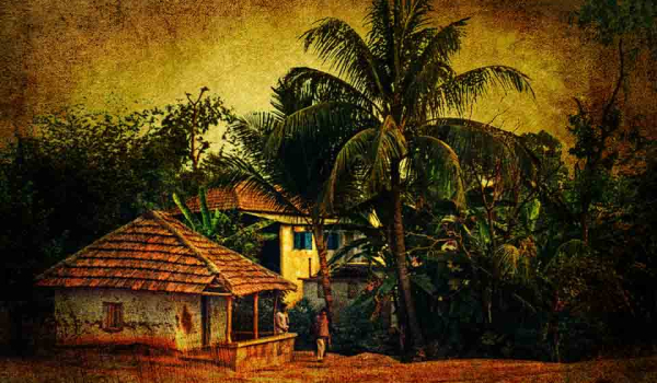 A photograph of a hut in a tropical setting. The image has a dark filter on it.