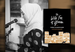 A photograph of Threa Almontaser with the cover to her book The Wild Fox of Yemen