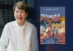 A photograph of Giannina Braschi with the cover to her book Putinoika.