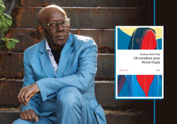 A photograph of Boubacar Boris Diop with the cover to his book Un Tombeau pour Kinne Gaajo