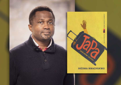 A photograph of Iheoma Nwachukwu with the cover to his book Japa