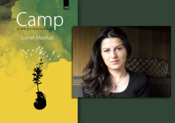 A photograph of Gunel Movlud with the cover to her book The Camp