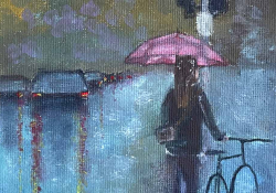 A oil painting of someone standing next to a bike in the rain