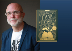 A photograph of Timothy Schaffert with the cover to his book The Titanic Survivors Book Club