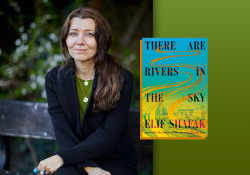 A photograph of Elif Shafak with the cover to her book There Are Rivers in the Sky