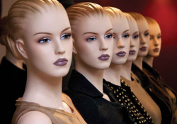 A row of mannequin busts with the same face but different outfits