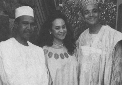 A grainy black and white photograph of Nuruddin Farah with his wife, Dr. Amina Mama, and Kwame Anthony Appiah